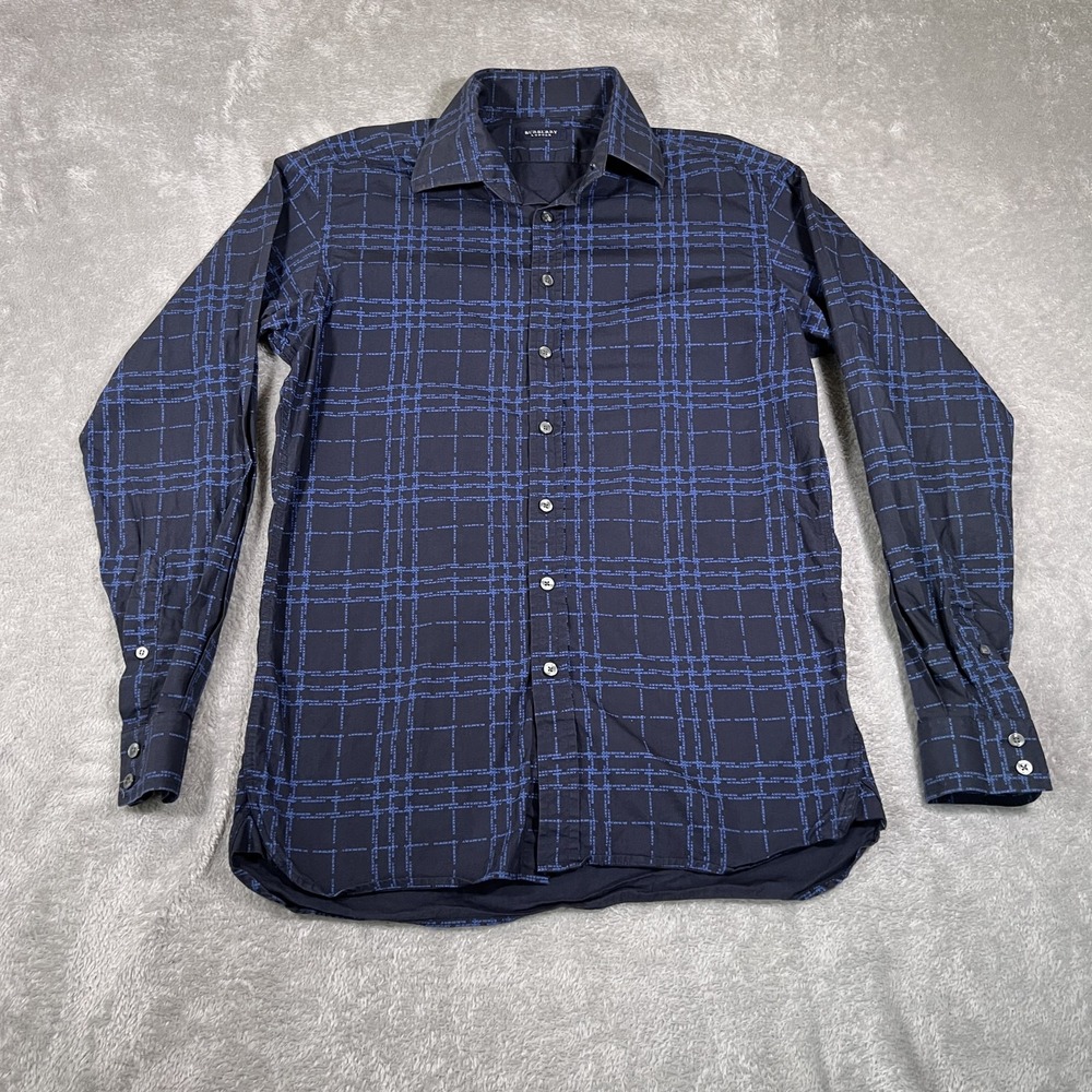 Burberry London Shirt Mens 15.5 Medium Black Blue Plaid Long Sleeve Button Up UK